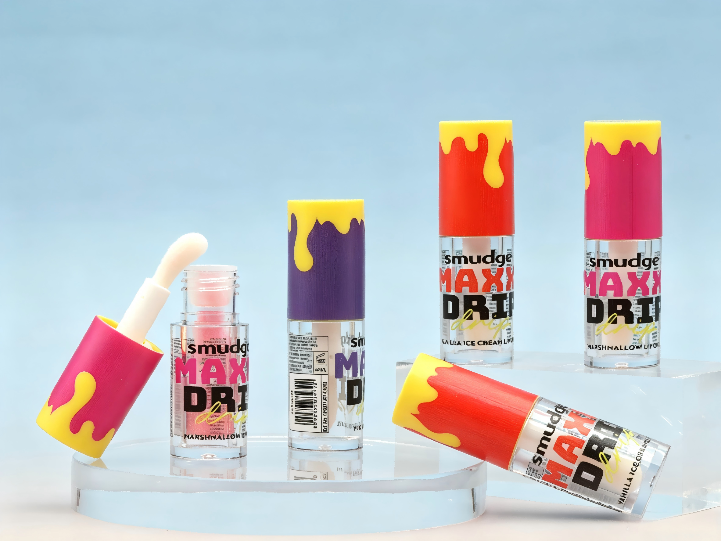 Colorful drip design empty lip gloss tubes with ice cream style caps, customizable cosmetic lip glaze containers